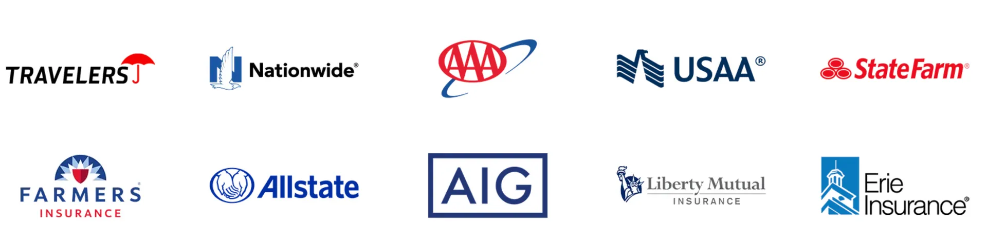 Logos of insurance companies we work with: Travelers, Nationwide, AAA, USAA, State Farm, Farmers, Allstate, AIG, Liberty Mutual, and Erie Insurance