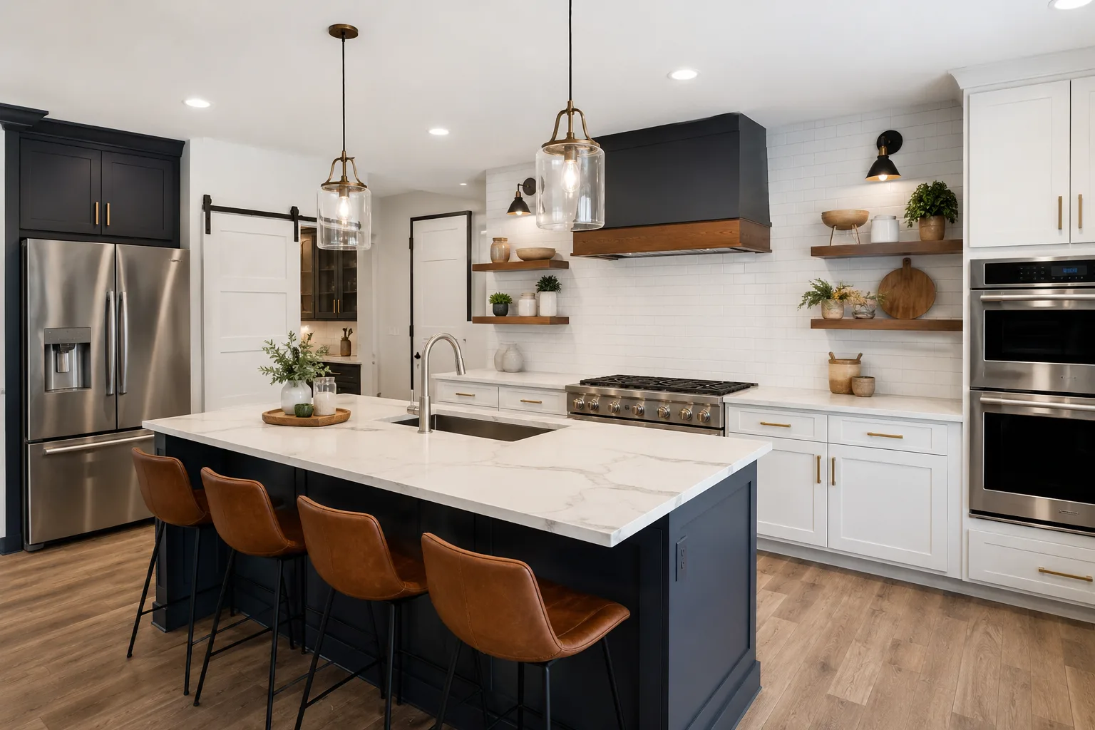 Modern farmhouse kitchen with navy island, white quartz waterfall countertop, leather bar stools, brass pendant lighting, and open wood shelving