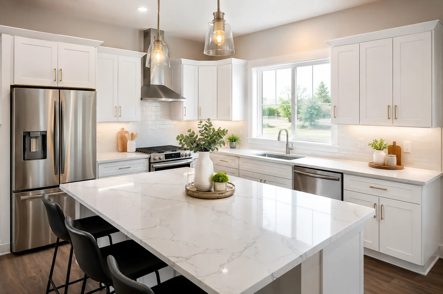 Wichita kitchen countertop installation featuring white quartz waterfall island, shaker cabinets, brass hardware, and stainless appliances
