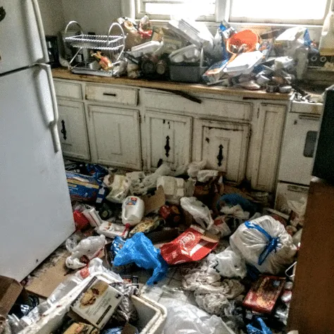 Cluttered kitchen requiring hoarder situation cleanup