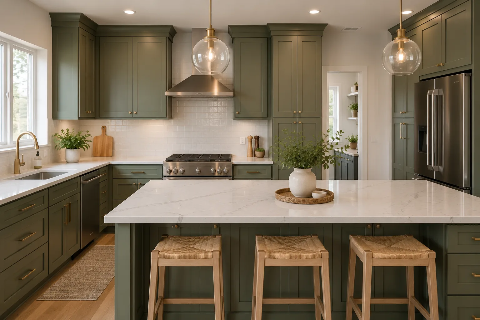 Sage green shaker kitchen cabinets with brass hardware, white quartz island, glass globe pendant lights, stainless range hood, and woven counter stools