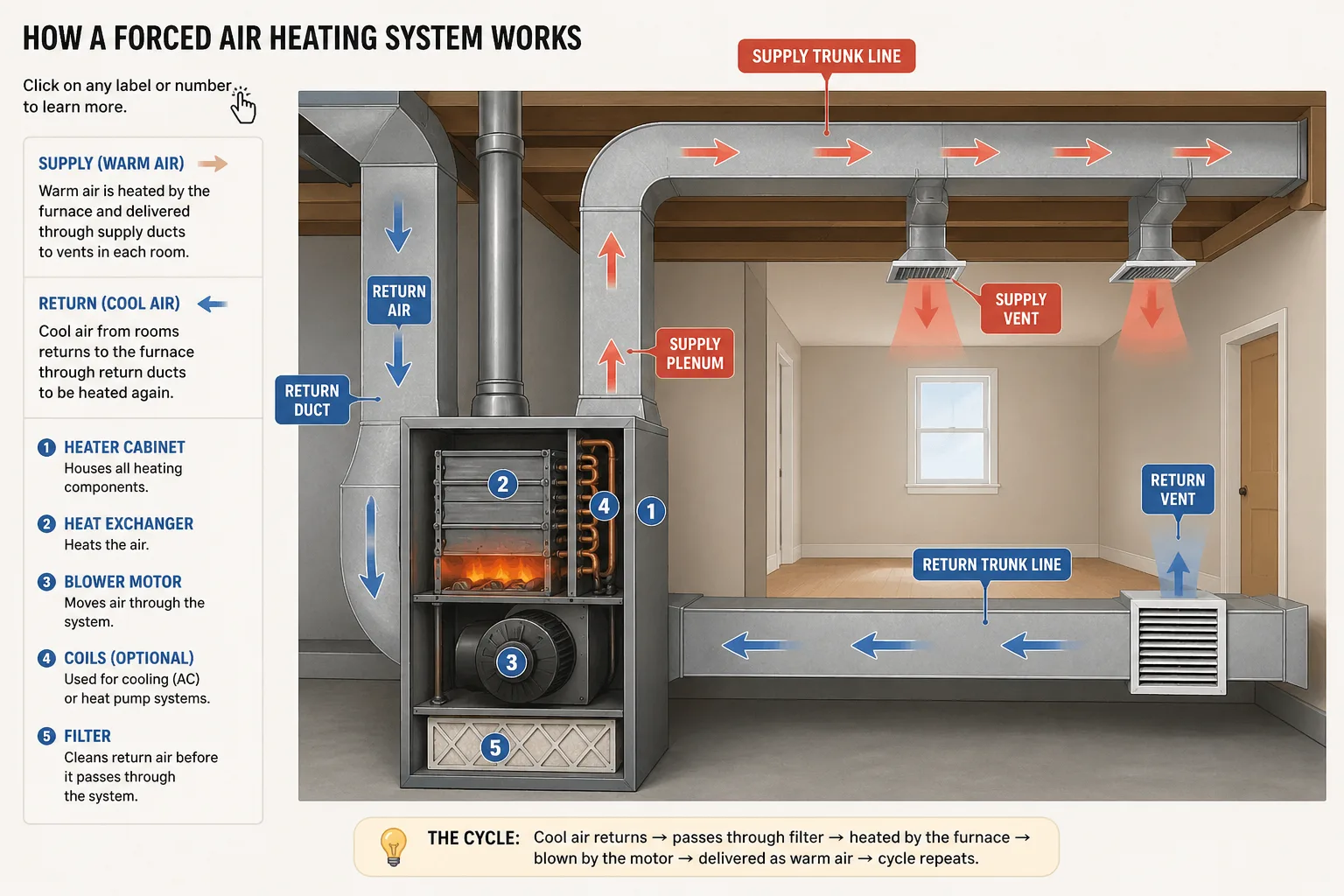 Cutaway diagram of a residential forced-air heating system showing the furnace, supply plenum, supply trunk line, supply vents, return vents, return trunk line, and return ducts