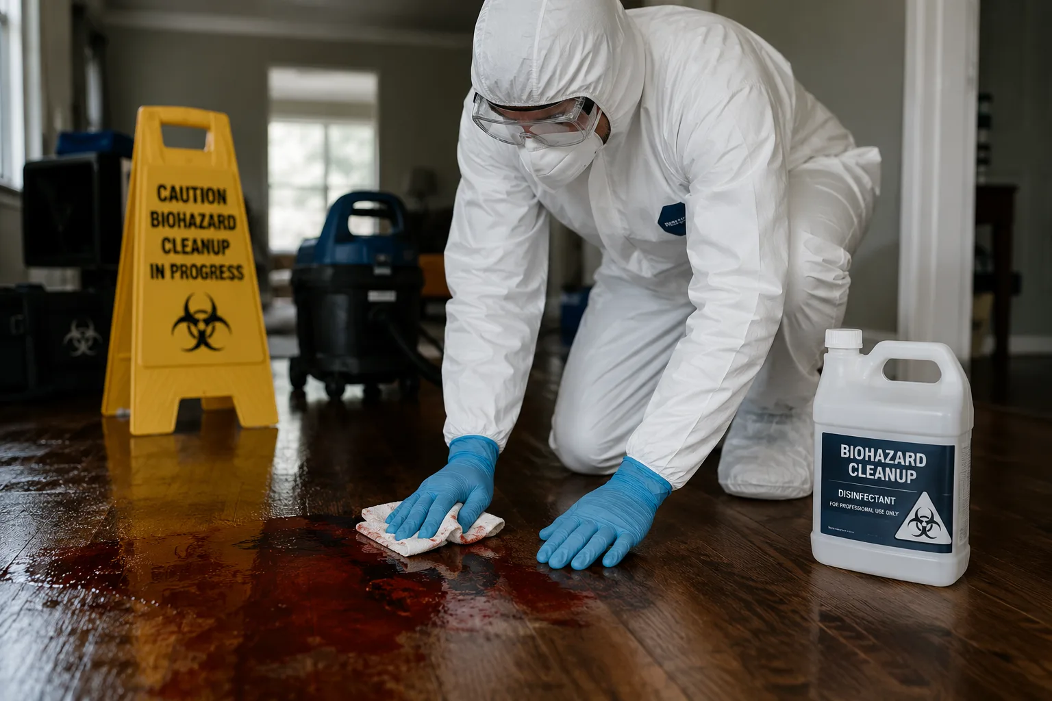 Licensed biohazard cleanup technician in full PPE disinfecting a floor at a Wichita, KS home