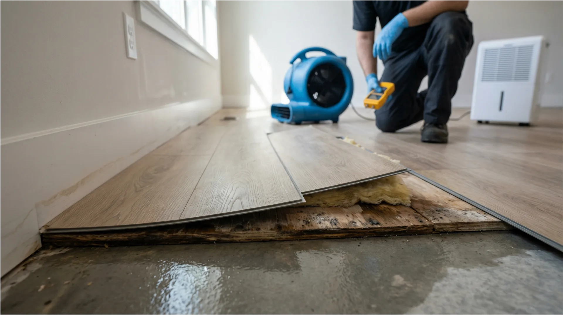 Water-damaged flooring being dried with air mover and dehumidifier, exposing mold and subfloor damage