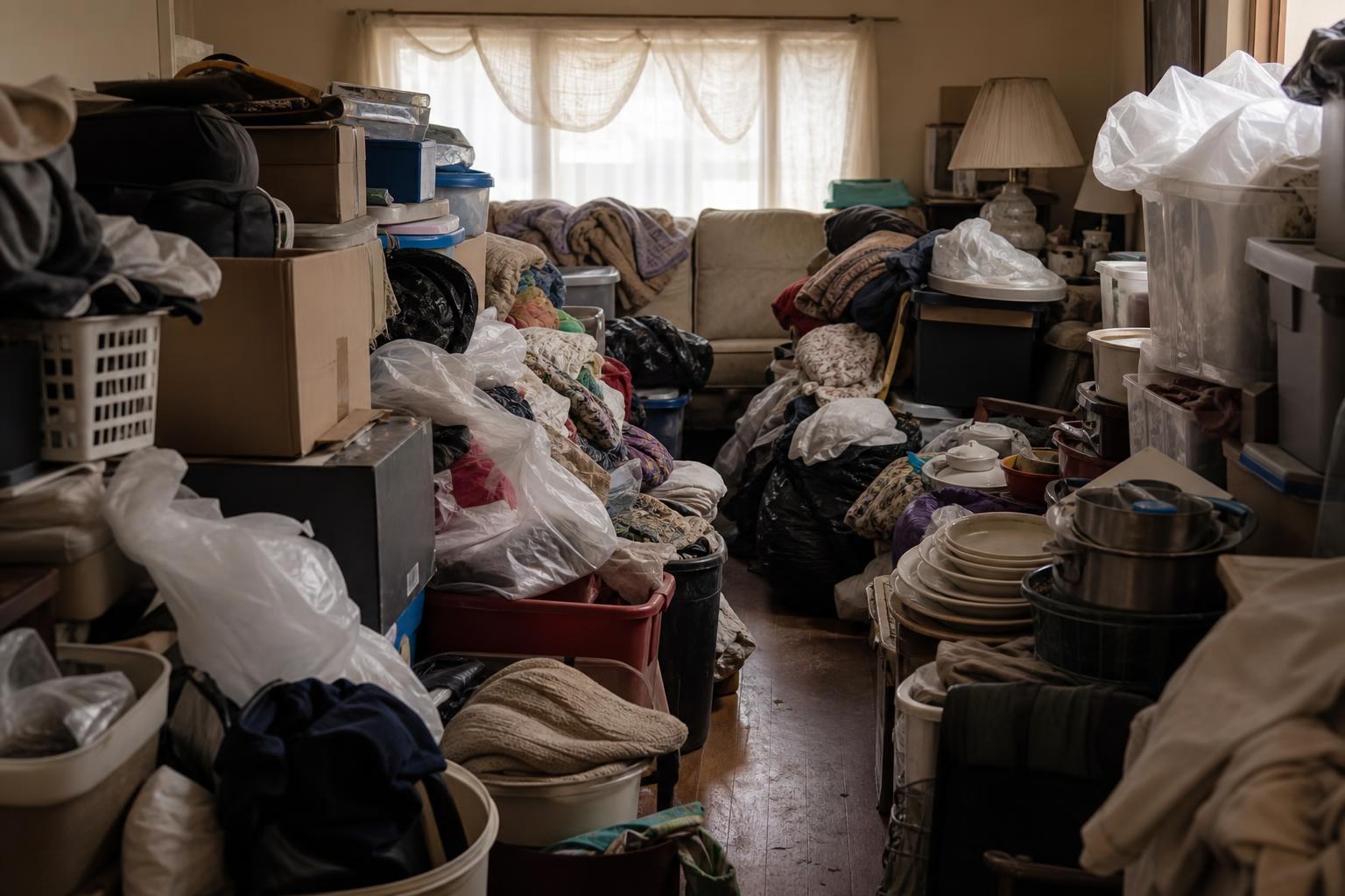 Cluttered living room showing hoarding situation in a home