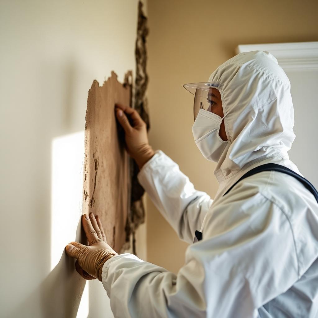 Vortex mold and disaster remediation technician inspecting a water-damaged wall in a Wichita, Kansas home